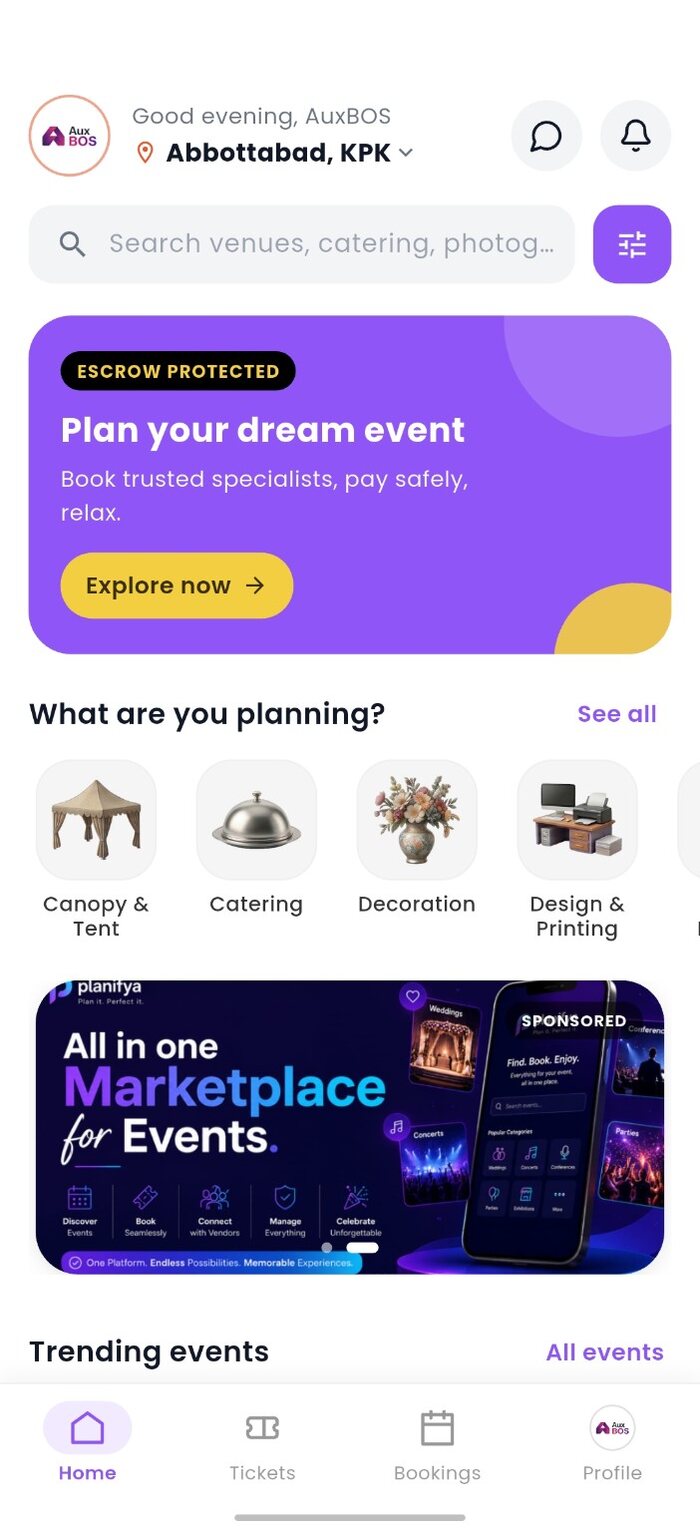 Planifya home and event discovery