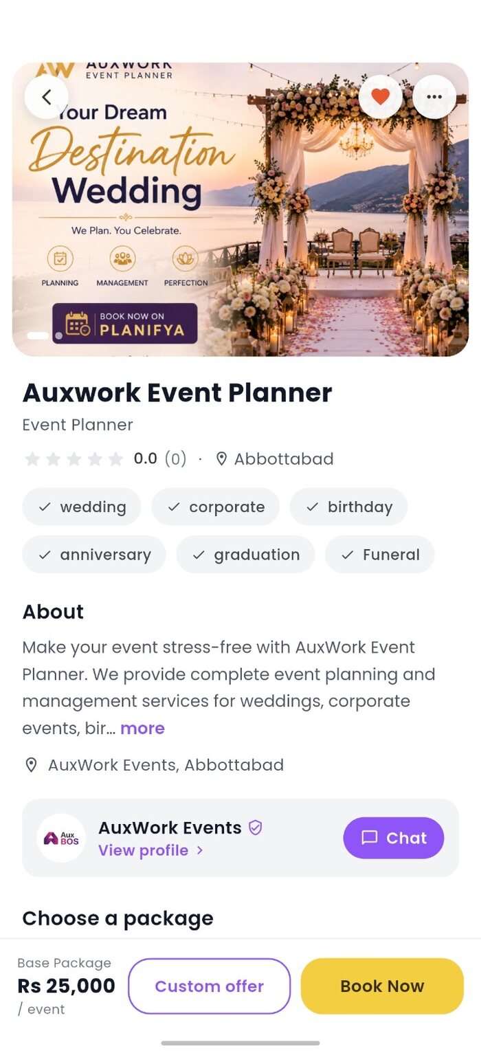 Service details and packages in Planifya